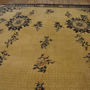 Light gold rug with scattered blue floral motifs and a detailed navy border on wood planks.