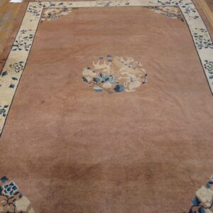 Rust-toned rug featuring a wide cream border and central medallion with tan and dark blue floral patterns.