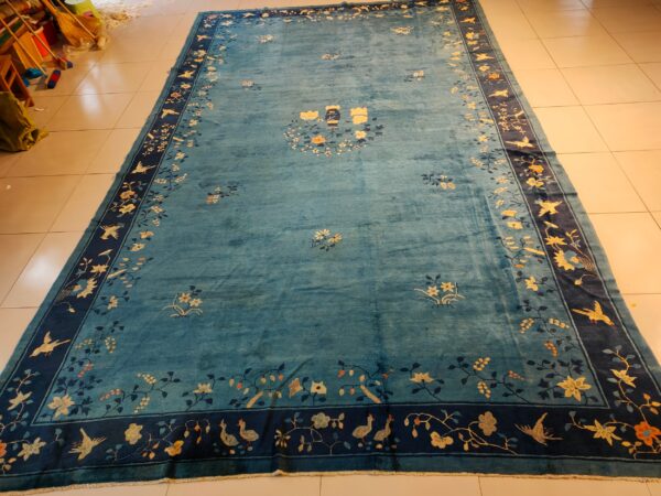A large turquoise rug with scattered yellow florals and a dark navy border featuring birds and vines.