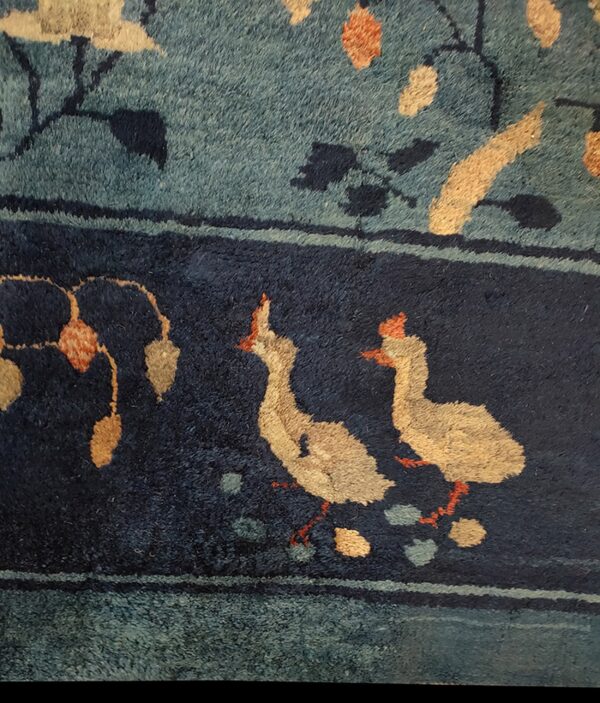Detailed view of a medium-pile rug showing two beige birds in a navy border below a teal field.