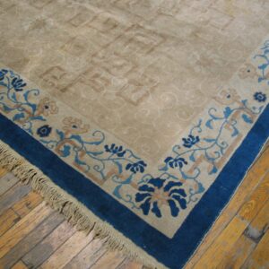 Tan rug with dark blue vine and floral border, resting on worn wooden plank flooring.