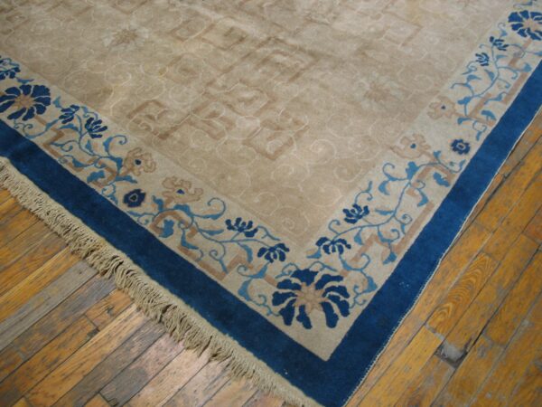 Tan rug with dark blue vine and floral border, resting on worn wooden plank flooring.