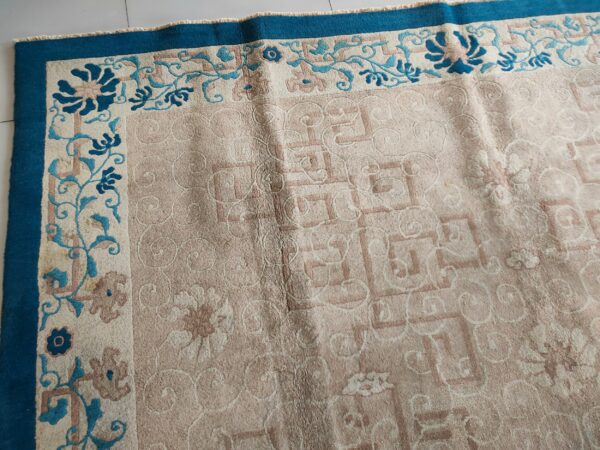 Light pink rug with geometric pattern and teal floral border visible on white tile flooring.