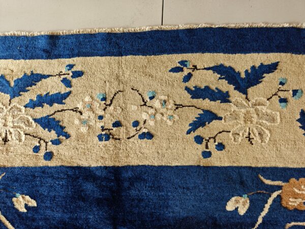 Blue, beige, and cream rug border with dense floral and foliage motifs and visible fringe.