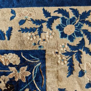 Close-up of a high-pile rug featuring a beige field and bold blue, floral, and botanical motifs.