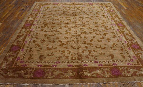 Brown and tan rug featuring stylized cloud patterns and pink floral borders on wood planks.