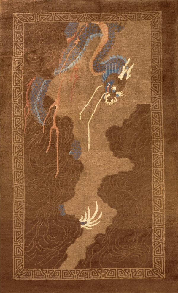 Brown rug featuring a large blue and peach dragon soaring through dark brown clouds with a geometric border.