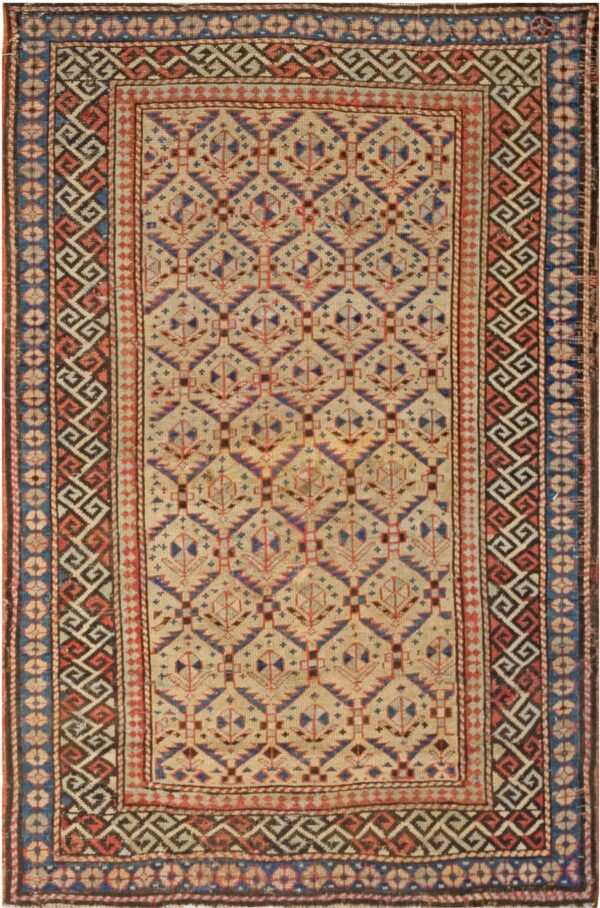 Geometric rug featuring a beige field with repetitive blue and red stylized motifs and multiple ornate borders.