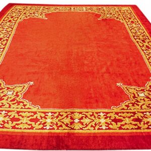 Large, low-pile red rug featuring a central field bordered by an intricate gold floral design.