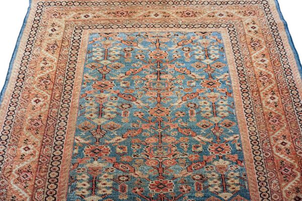 Low-pile patterned rug with a blue field and coral botanical motifs, framed by multi-striped peach borders.