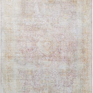 Distressed low-pile rug with a traditional medallion and border pattern in cream, faded gold, and mauve.