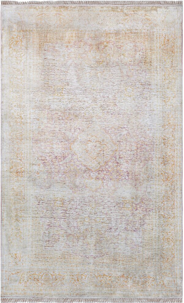 Distressed low-pile rug with a traditional medallion and border pattern in cream, faded gold, and mauve.