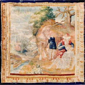 Flat-woven rug featuring a complex beige and rust landscape scene with three figures and a solid navy border.