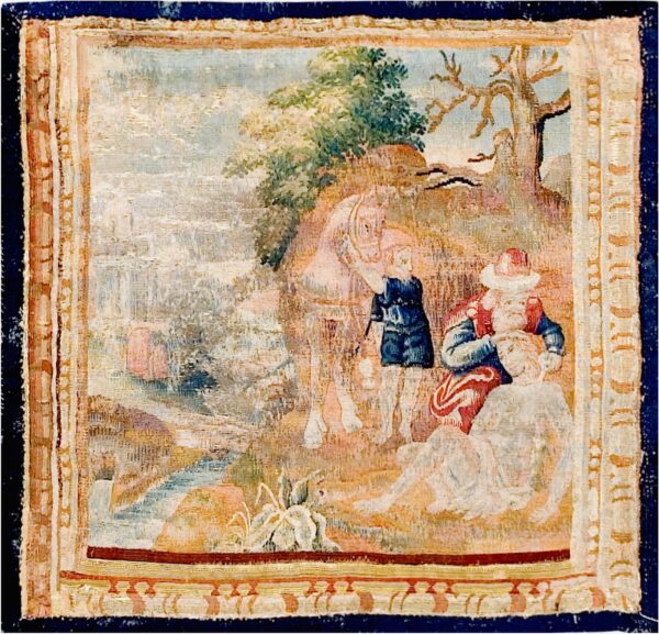 Flat-woven rug featuring a complex beige and rust landscape scene with three figures and a solid navy border.