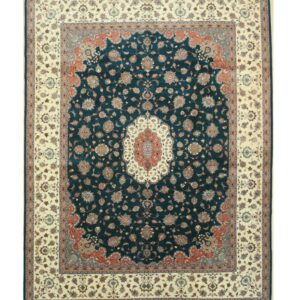 Dark teal traditional rug with a detailed rust and ivory floral medallion and border.