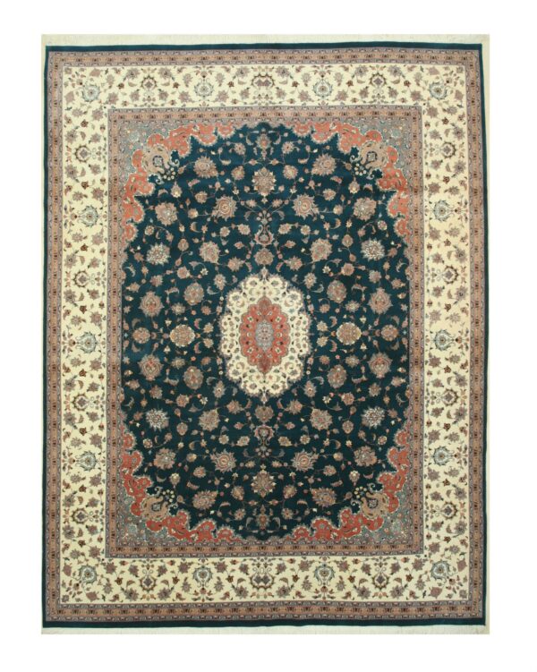 Dark teal traditional rug with a detailed rust and ivory floral medallion and border.