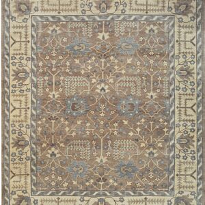 Traditional brown rug featuring complex beige borders and central muted blue floral designs.