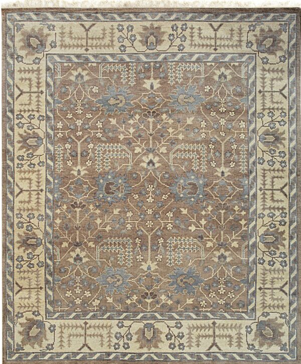 Traditional brown rug featuring complex beige borders and central muted blue floral designs.