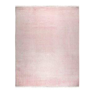 A textured pink rug with subtle pale vertical stripes and short light fringes.