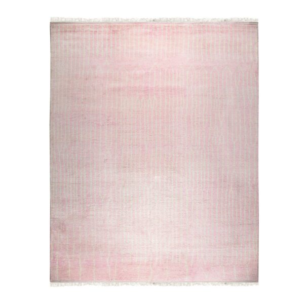 A textured pink rug with subtle pale vertical stripes and short light fringes.