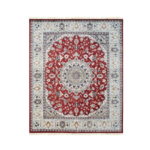 Traditional rug with a red field, central medallion, and cream/gray floral border on white.