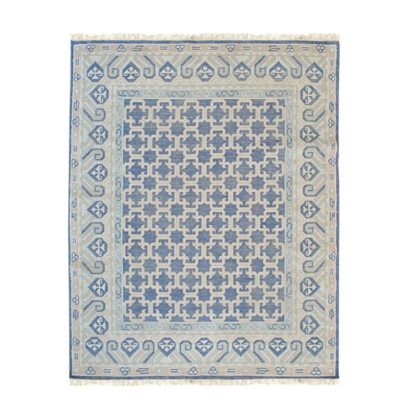 Bespoke oriental blue hand knotted wool rug 1 Blue and beige flatweave rug featuring a dense repeating lattice pattern bordered by geometric motifs.