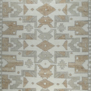 Neutral rug with cream, tan, and gray geometric diamond patterns and visible texture.