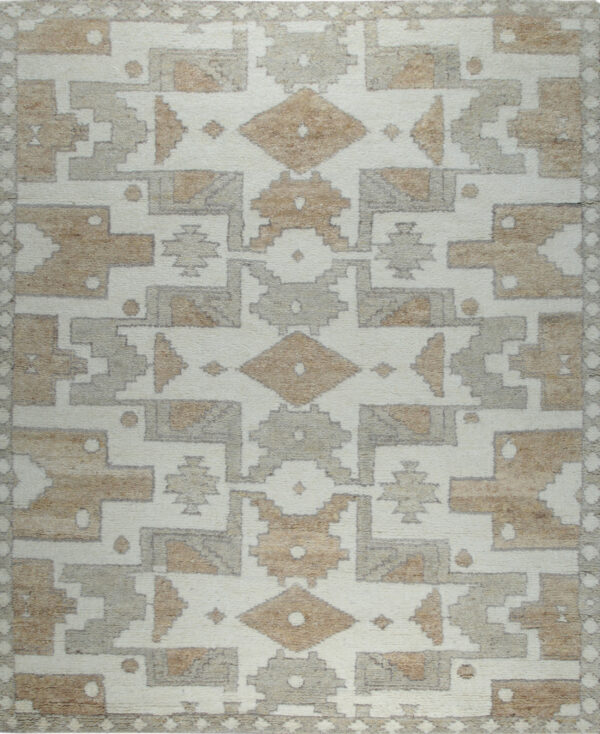 Neutral rug with cream, tan, and gray geometric diamond patterns and visible texture.