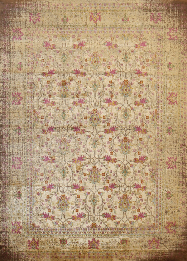 Distressed beige rug featuring an ornate faded floral pattern in magenta, gold, and teal.