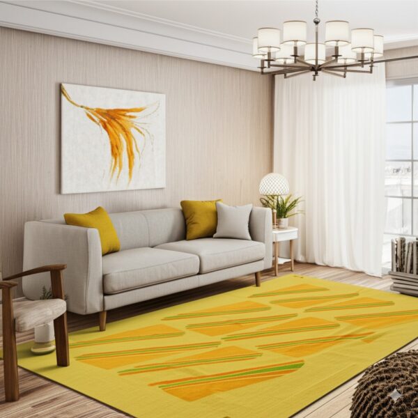 Bright yellow rug featuring repeating orange and green striped geometric shapes on a wood plank floor.