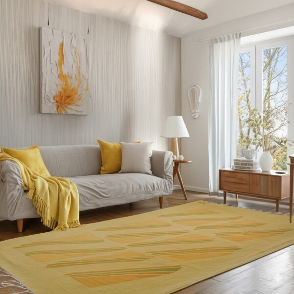 Sunlight brightens a living room featuring a yellow geometric rug and a gray sofa with yellow accents.