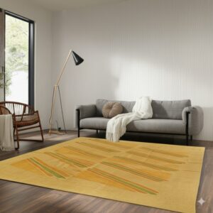 A flat woven yellow rug with bold orange and green lines covers dark hardwood flooring in a brightly lit room.