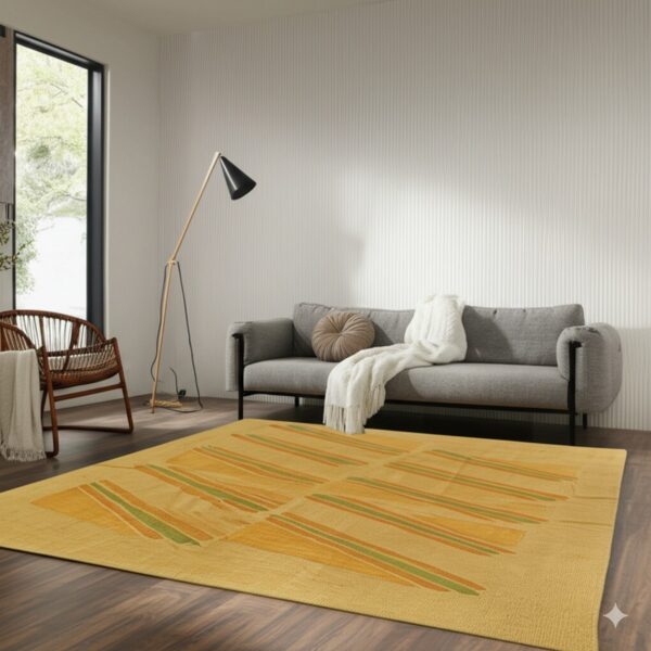 A flat woven yellow rug with bold orange and green lines covers dark hardwood flooring in a brightly lit room.