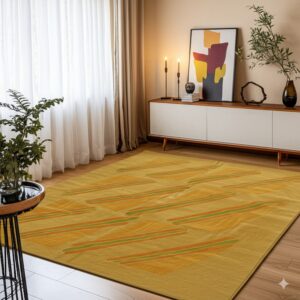 A large gold rug with abstract orange and green diagonal stripes lays on a wood floor in a sunlit room.