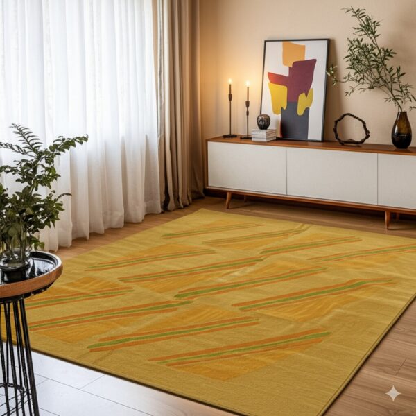 A large gold rug with abstract orange and green diagonal stripes lays on a wood floor in a sunlit room.