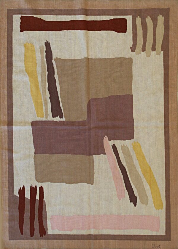 Abstract flatweave rug in natural beige, featuring blocks of rust, brown, gold, and pink brushstrokes.