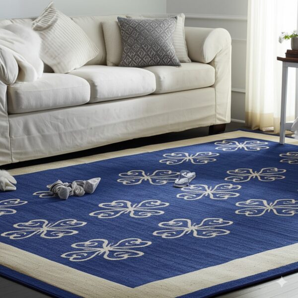 Blue flatweave rug featuring cream butterfly patterns and a border beneath a white couch.