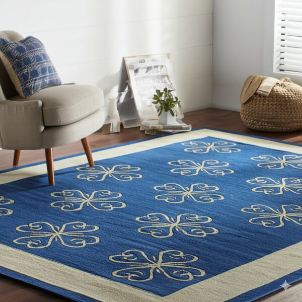 Blue area rug with repeating beige ornamental motifs and a thick border lies under a neutral armchair.
