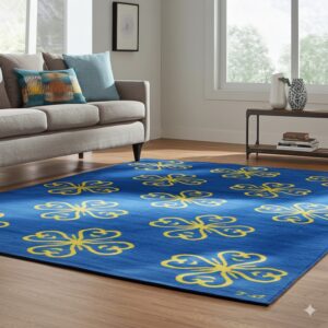 Vibrant blue area rug patterned with large yellow clover shapes sits on wood flooring beside a gray couch.