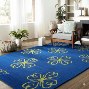 A low-pile blue rug featuring repeating yellow butterfly patterns rests on hardwood flooring in a bright room.