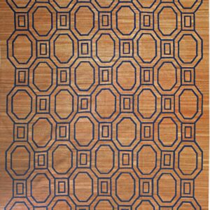Brown striated rug with a bold navy blue repeating geometric interlocking octagon design.