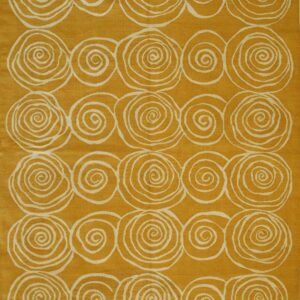 Mustard yellow flat weave rug featuring large white interlocking abstract spiral patterns in rows.