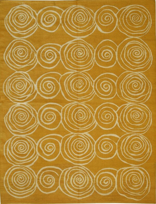Mustard yellow flat weave rug featuring large white interlocking abstract spiral patterns in rows.