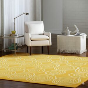 A bright yellow rug with white swirl patterns anchors a modern sitting area on dark wood floors.
