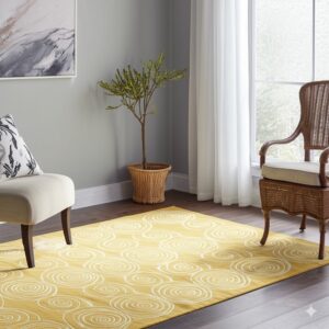 Gold rug featuring a white circular pattern is placed beneath upholstered and wicker chairs.