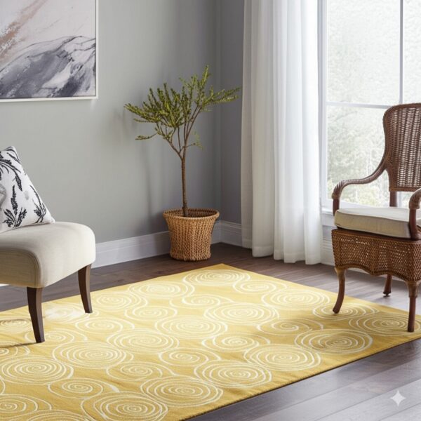 Gold rug featuring a white circular pattern is placed beneath upholstered and wicker chairs.