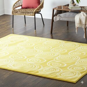 Low pile yellow area rug with white swirling circles next to a rattan chair and wood table.