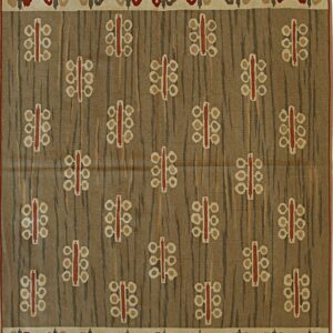 Taupe flatweave rug featuring vertical striations and repetitive mid-century style beige and rust floral motifs.