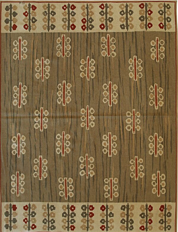 Taupe flatweave rug featuring vertical striations and repetitive mid-century style beige and rust floral motifs.