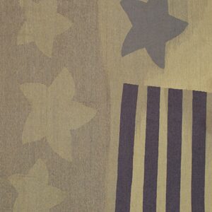 Abstract rug pattern featuring stars and bold vertical stripes in taupe, muted green, and dark gray.